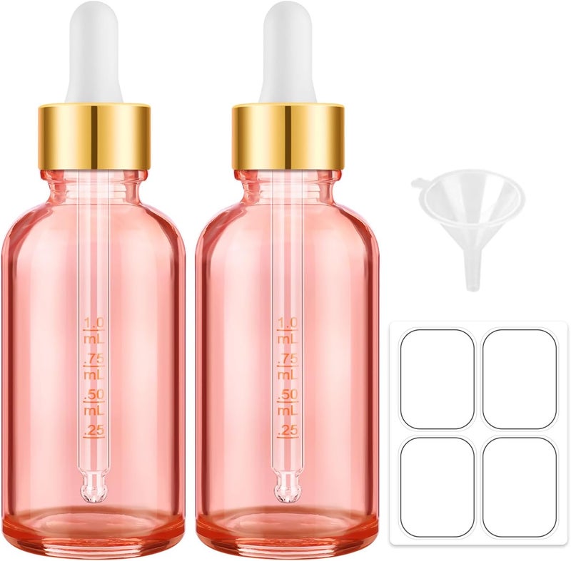 Bumobum 2 oz Glass Dropper Bottles, 2 pack Pink Lab dispensing Bottles for Essential Oils with Funnel, Labels & Pipette, Eye Tincture Bottle with Measured Dropper - Image 1